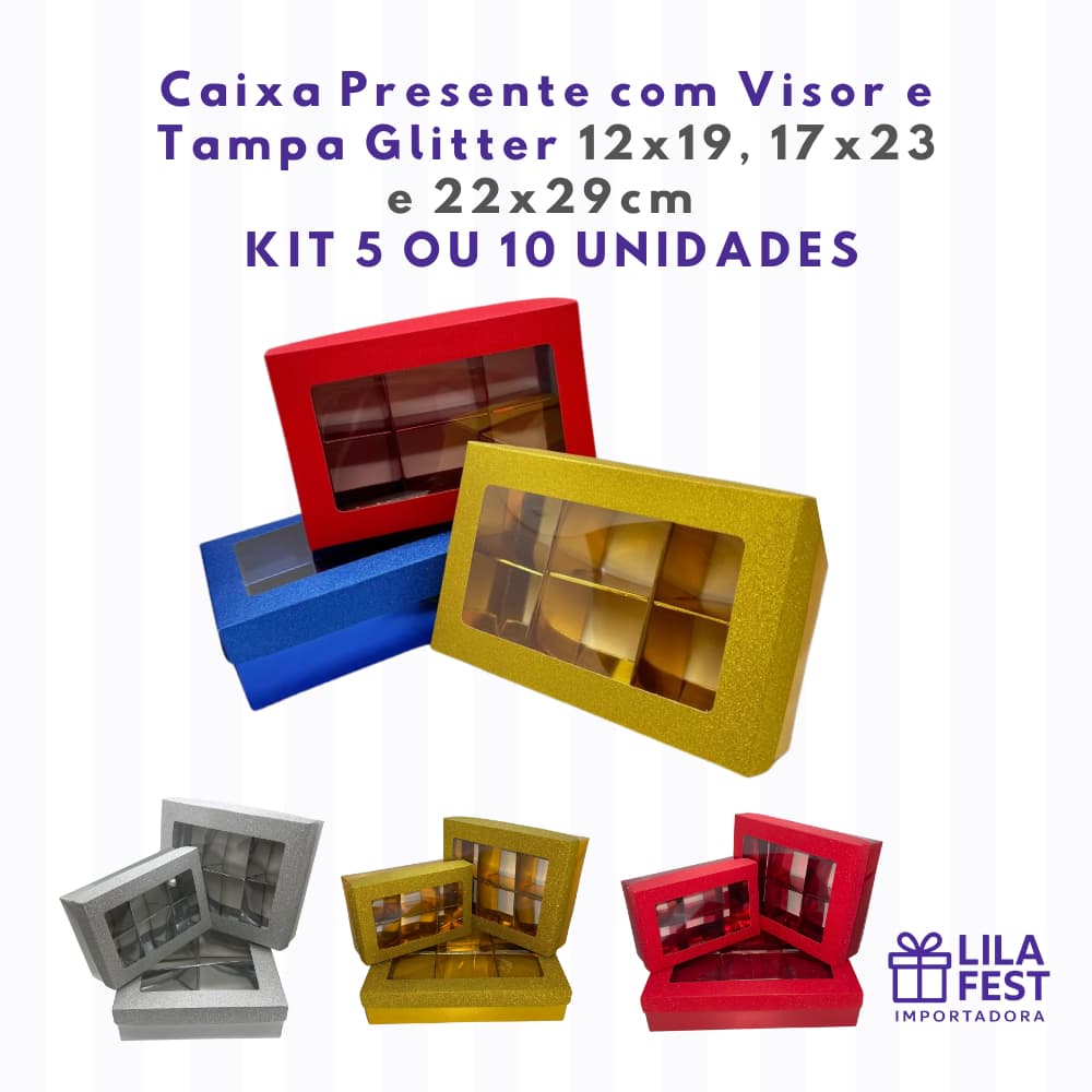 Caixa Metaliz Presente Divisória Visor Tampa Glitter 12x19x6 17x23x6 22x29x6cm Kit 1 e 3 Unid Embalagem Luxo Lembrança