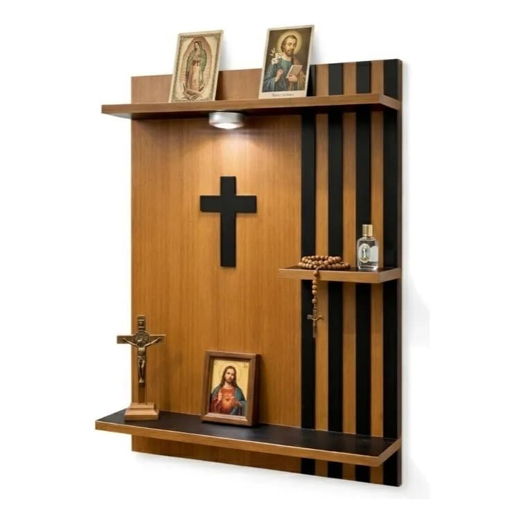 Suporte Parede Cruz Oratório 80CM Freijó Luminária Led Altar Imagem Santo