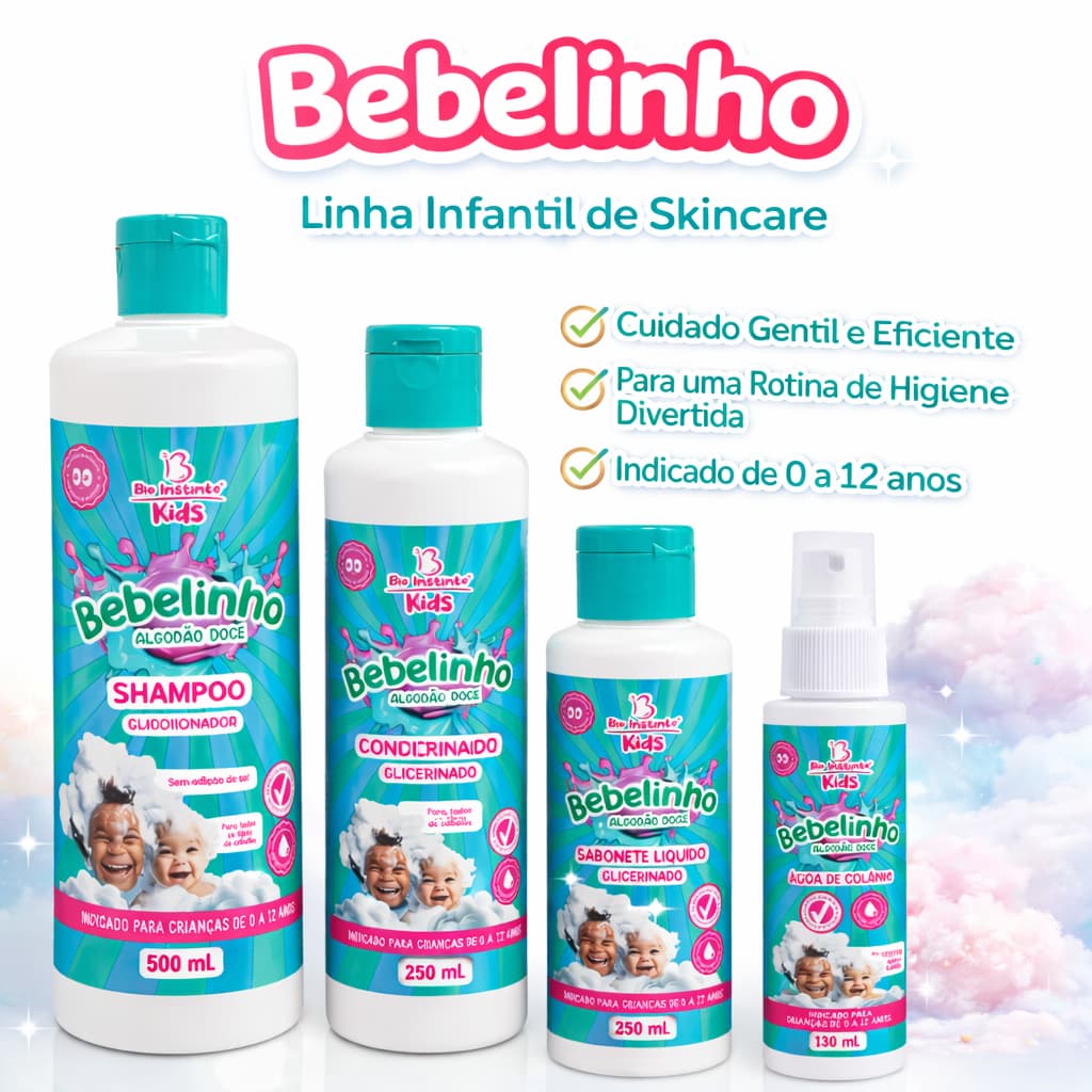 Kit Infantil Cabelo e Corpo Bebelinho Algodão Doce Shampoo Sabonete Suave Bebê Delicado