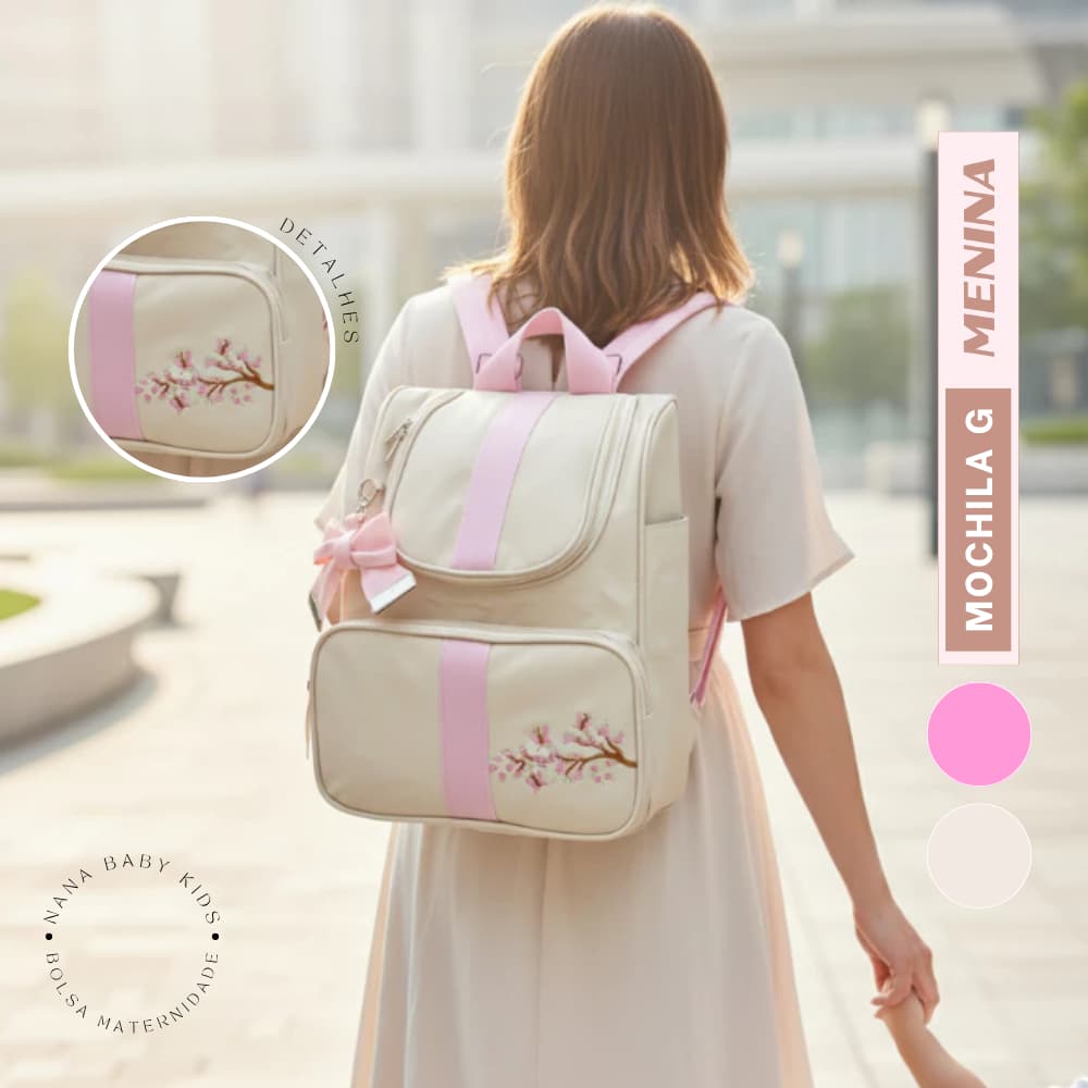 Mochila Maternidade Rosa Bebe Bordada Galho | Material Premium Não Descasca