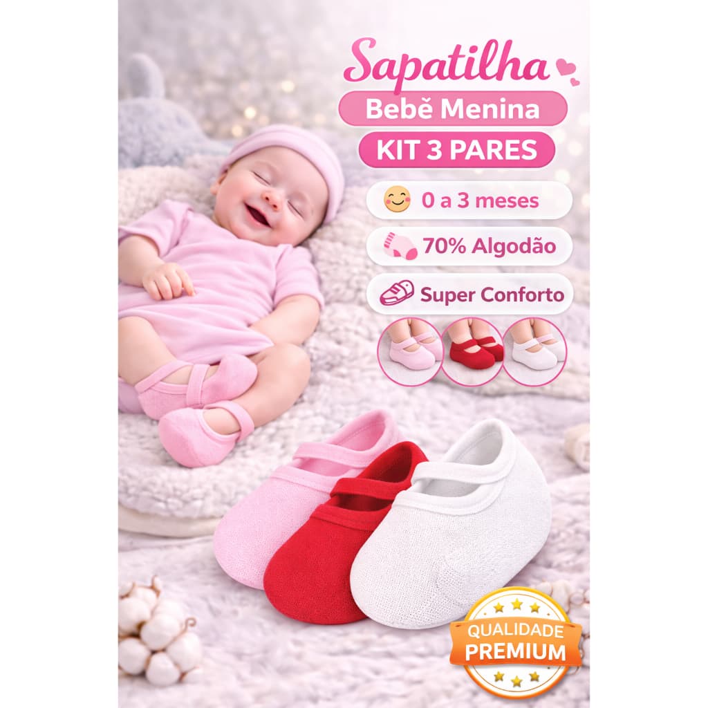 Kit 3 Meias Sapatilha Bebe Recém Nascido Infantil Enxoval