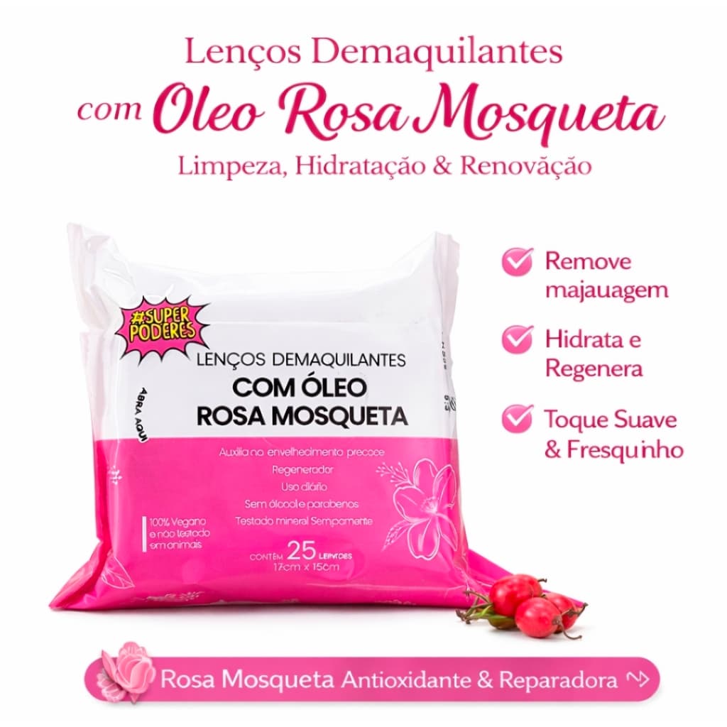 Lenço Demaquilante Limpeza e Cuidado Facial Com Óleo de Rosa Mosqueta Kit 1/2/3 Unidades  Vegano