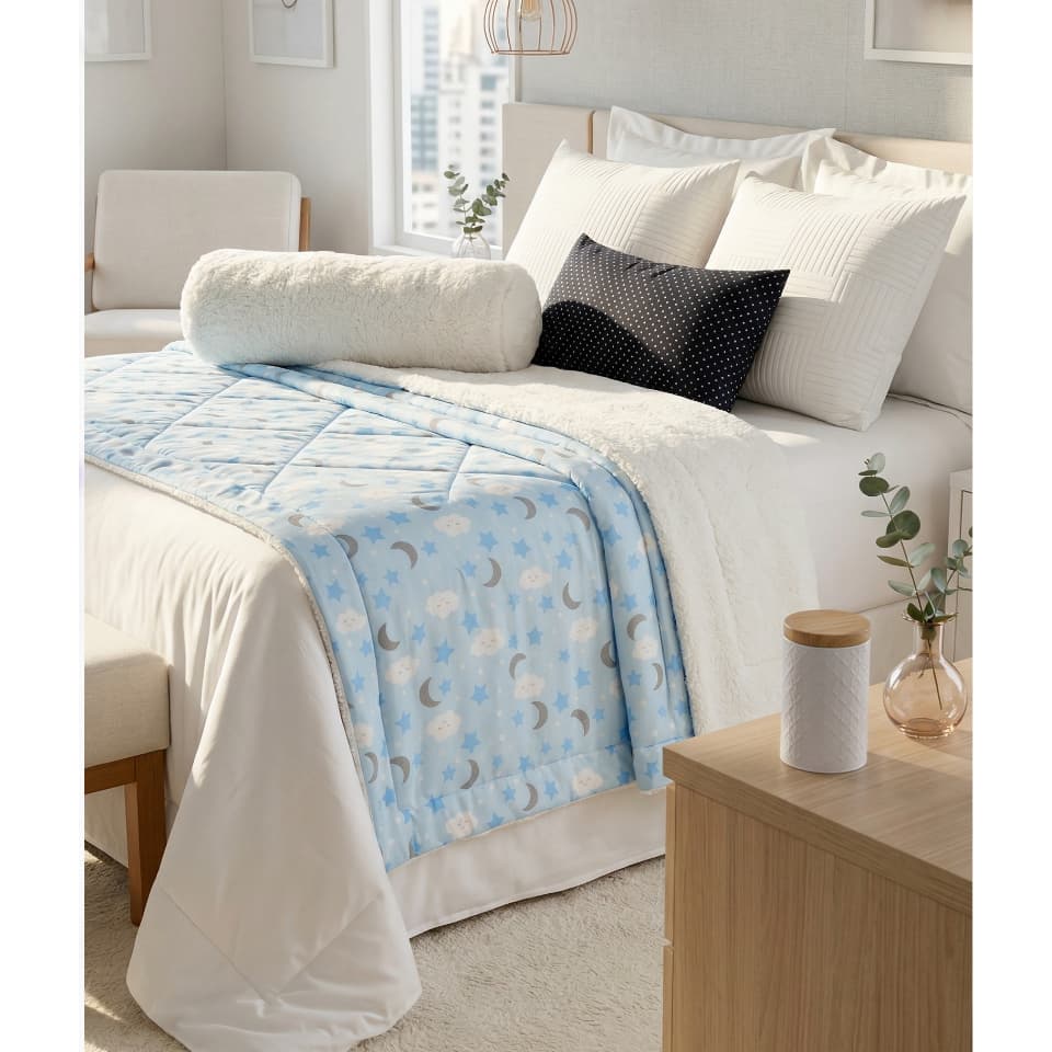 Mantinha Bebê com Sherpa Antialérgico Cobertor Soft Frio Inverno com Tecido Estampado 100% Algodão