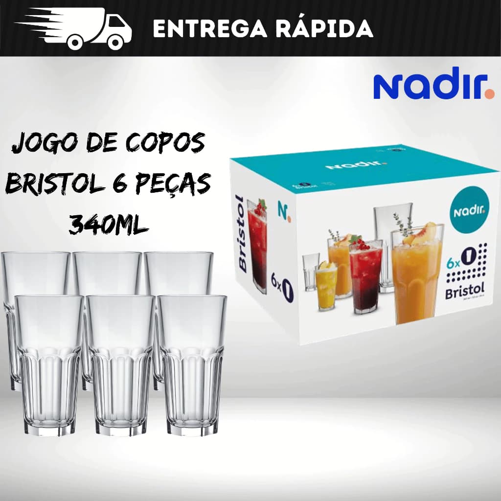 Jogo 06 Copos Bristol Resistente 350ml Nadir Vitaminas sucos Long Drink Gourmet Vitaminas Outback