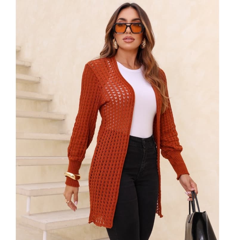 Cardigan Tricô Feminino  Manga Longa Vazado Elegante  Outono Inverno Lã Casaco Sobretudo