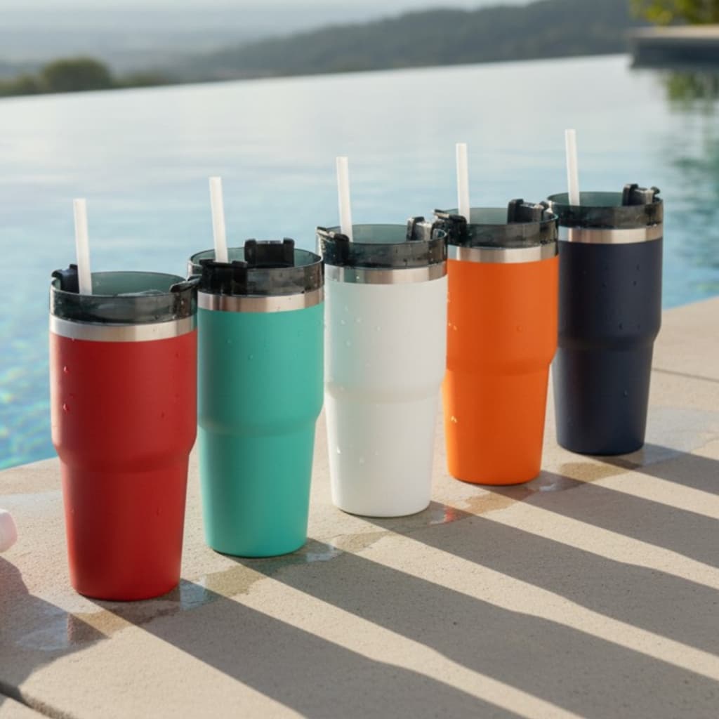 Copo Térmico Inox Portátil 600ml Inoxidável com Tampa e Canudo