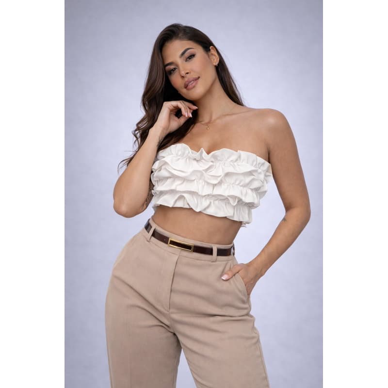 Cropped Top Moda Feminina Babado Amarrar Tendência Bojo Confortável Tecido Alfaiataria Blogueira Verão Festa Básico Chic