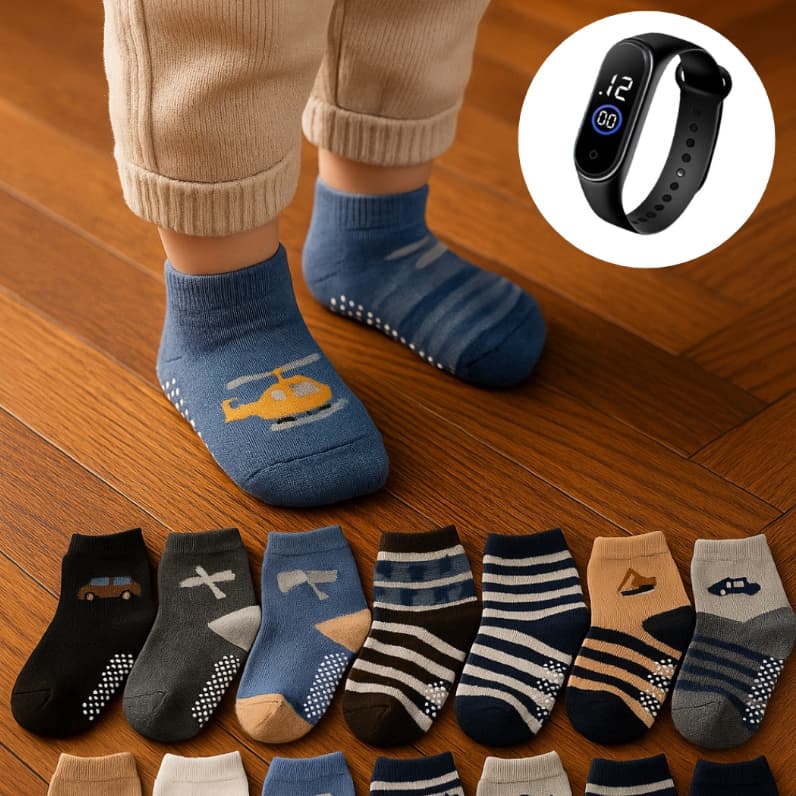 Kit 6 Pares Meia Infantil + Relógio Fino Digital Menino Menina