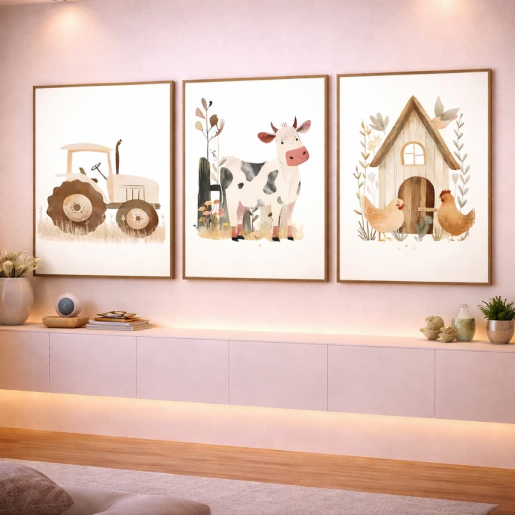 Quadro Decorativo Fazendinha Vaca Trator Galinha Frango 3 Peças