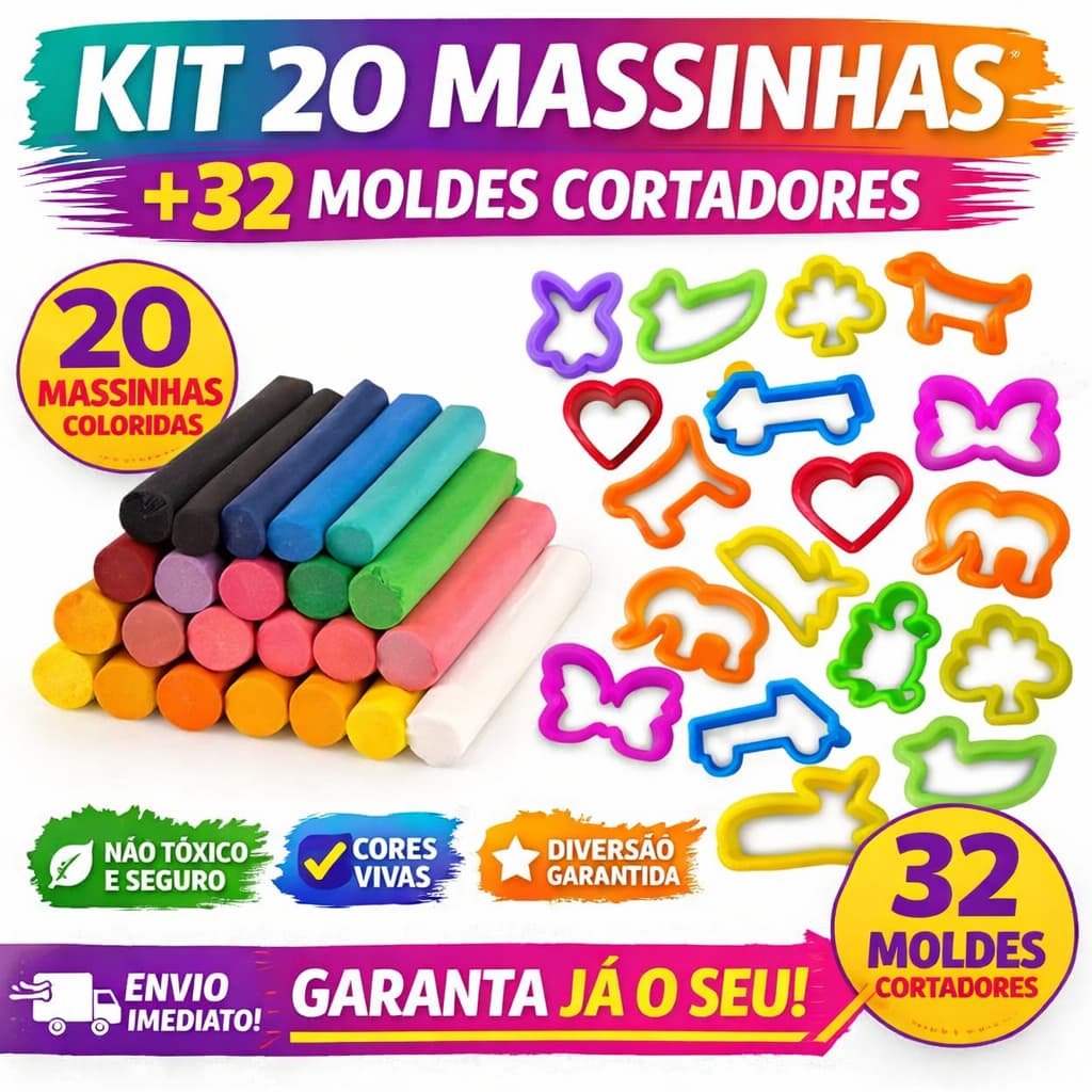Kit 20  Caixas Massinha Infantil 32 Moldes Cortadores Lembrancinhas Brinquedo Festa Não Tóxico Envio Imediato