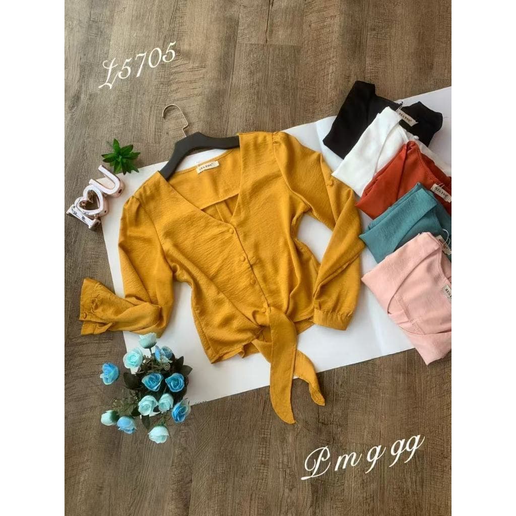 Camisa Cropped Feminina Manga longa com botão de amarrar social crepe com elastano