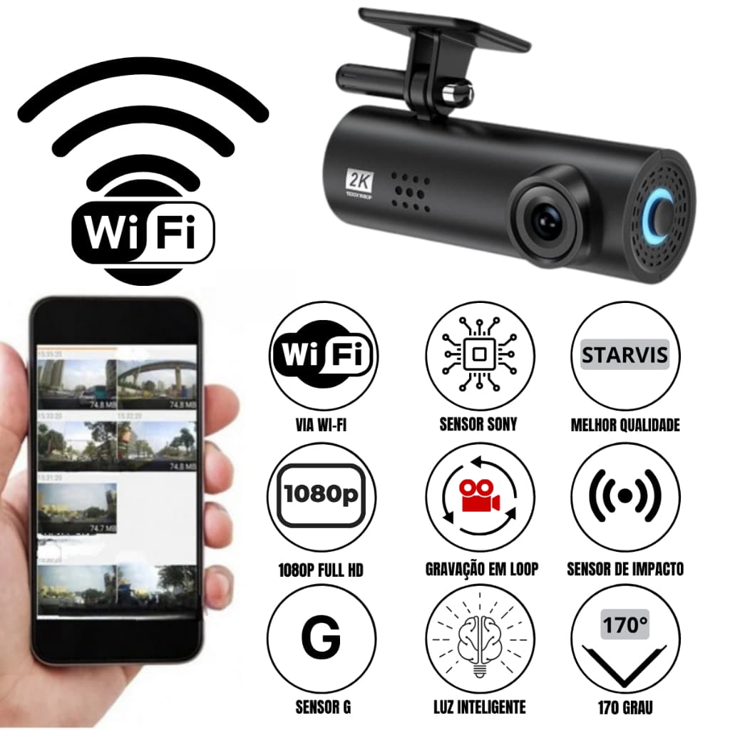 Câmera Veicular Dash Cam 2K WiFi Sensor G Visão Noturna 170° Monitoramento Carro