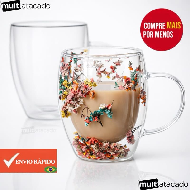 Conjunto 2 Xícaras Parede Dupla de Vidro 250 ML Jogo de Xicaras para Café Expresso Chá Cappuccino