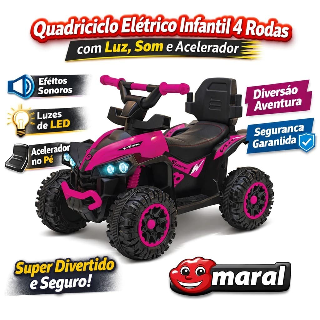 Quadriciclo Elétrico Infantil 4 Rodas Bateria 6V Luz Som Acelerador Estável Criança Rosa