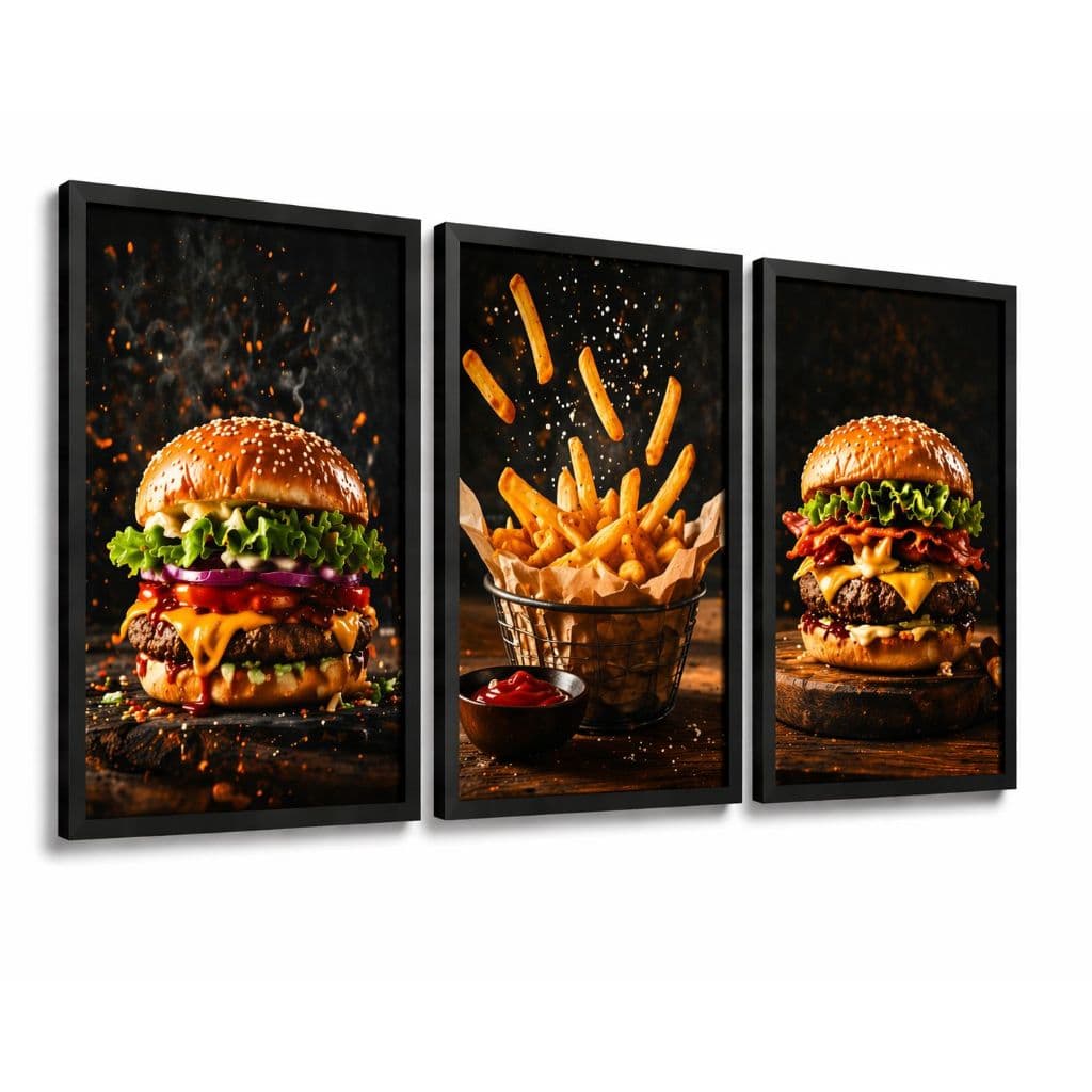 Kit 3 Quadros Decorativos hambúrguer hamburgueria DECORAÇÃO