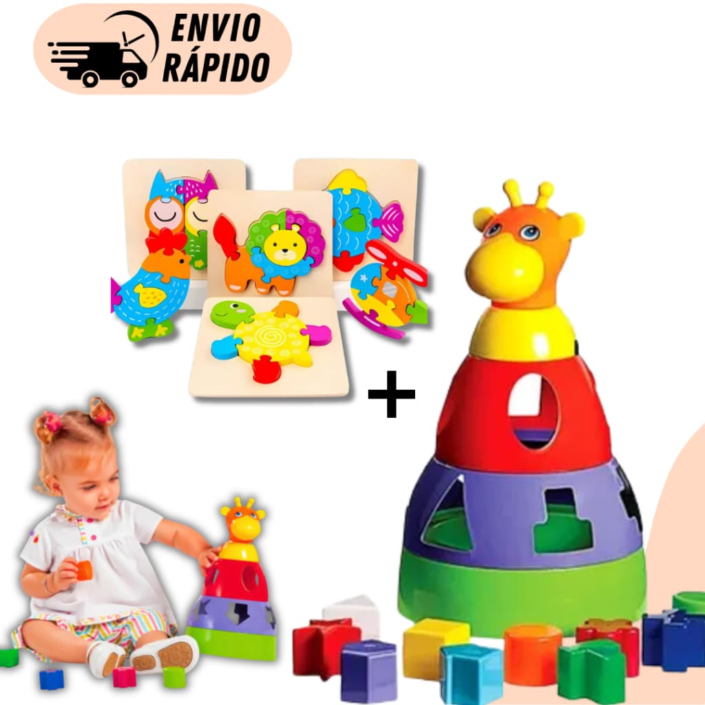 Kit Quebra Cabeça MDF + Girafa Encaixe Divertido 16 Peças Brinquedo Educativo Didático Infantil Pedagogia Colorido Cores