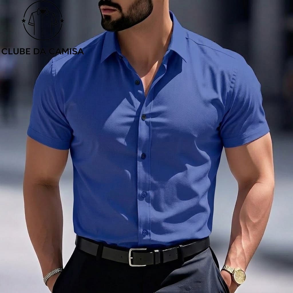 Camisa Masculina Lisa Slim Fit Manga Curta  Caimento Simples Sem Bolsos NÃO AMASSA