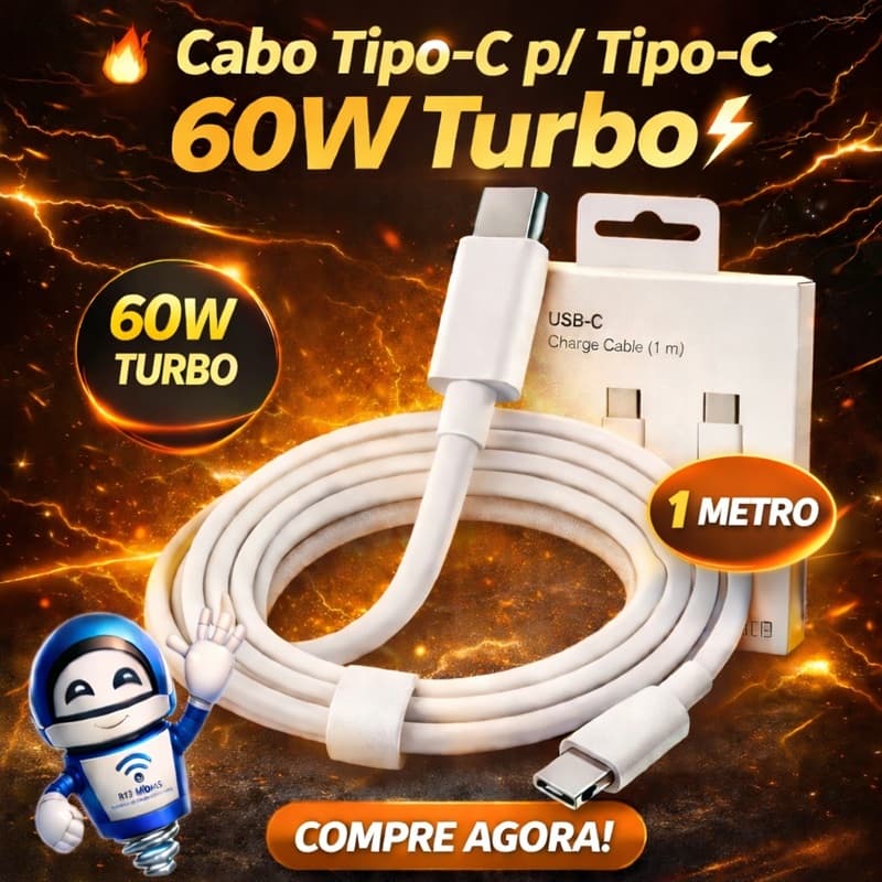 Cabo TRANÇADO USB-C/Tipo C  60 W Para iPhone 16 15 Plus Pro Max PD e Android Carregador Rápido Tipo Macbook iPad