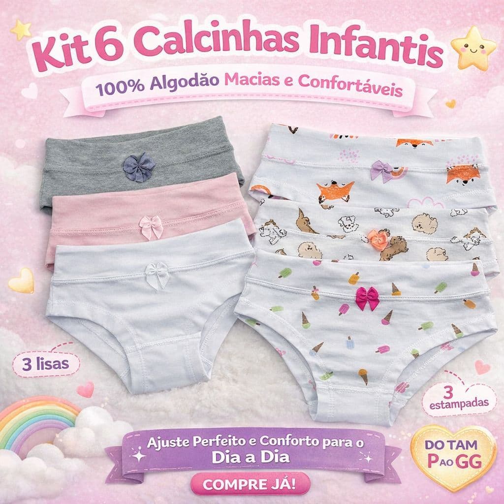 Kit 6 Calcinhas Menina Cotton Premium Lisas & Estampadas Maciez e Conforto 1133-1299-K6