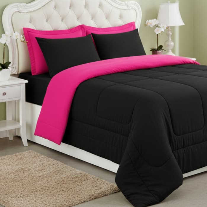 KIT CASAL QUEEN EDREDOM COM 03 PEÇAS DUPLA FACE PROMOÇÃO - ( preto / pink )