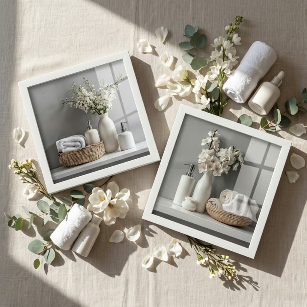 Kit 2 Quadros Decorativos Banheiro Lavabo Spa Flores 18x18 Moldura Vidro Relaxante Presente