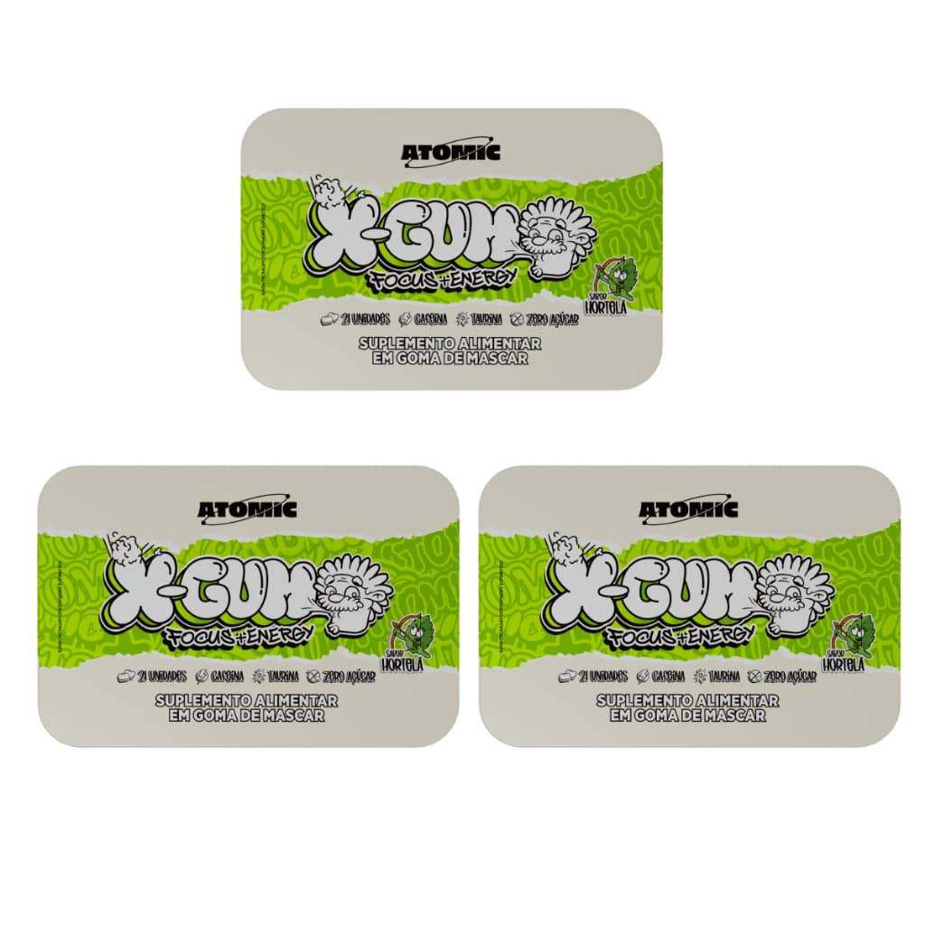Kit 3 un - Chiclete Energético com Cafeína X-GUM Focus Energy Atomic Labs | 21 Gomas por pote - Sabor Hortelã
