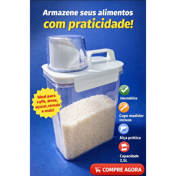 Dispenser Hermético | Pote Hermético 2,5L com Copo Medidor – Porta Mantimentos para Arroz, Café, Açúcar e Sabão em Pó