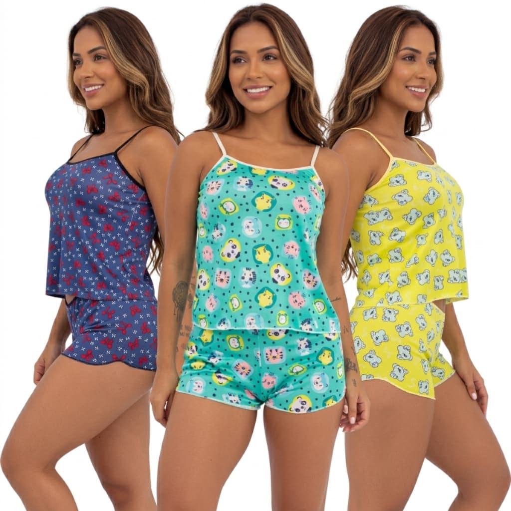 Kit Baby Doll Short de Dormir Pijama Verão Estampado Feminino Roupa Noite Fresquinho