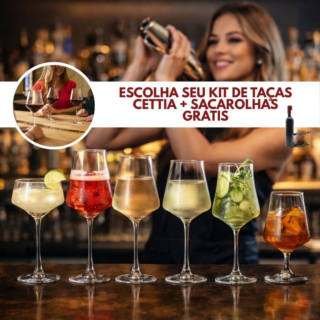 Jogo de 6 Taças Luxo Premium Cristal Titânio Estilo Xtra Bohemia Cettia Resistente + Saca Rolha Grátis