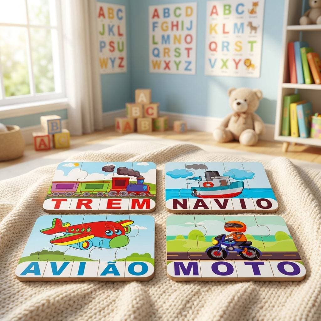 Kit Jogo Educativo Pedagógico Soletrando Meios de Transporte Navio Trem Moto