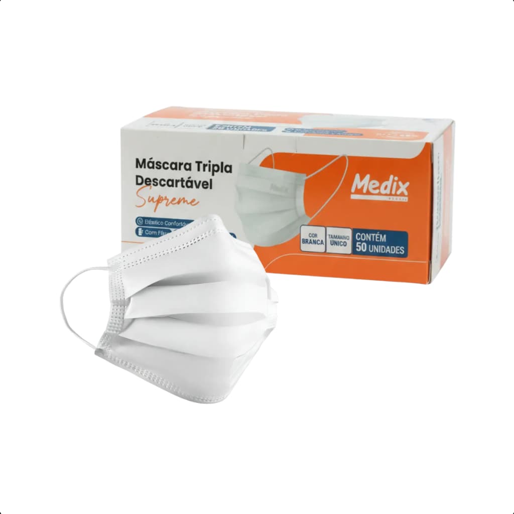 50 Máscara Descartável Branca Tripla Camada Supreme Medix Cirúrgica Uso Profissional