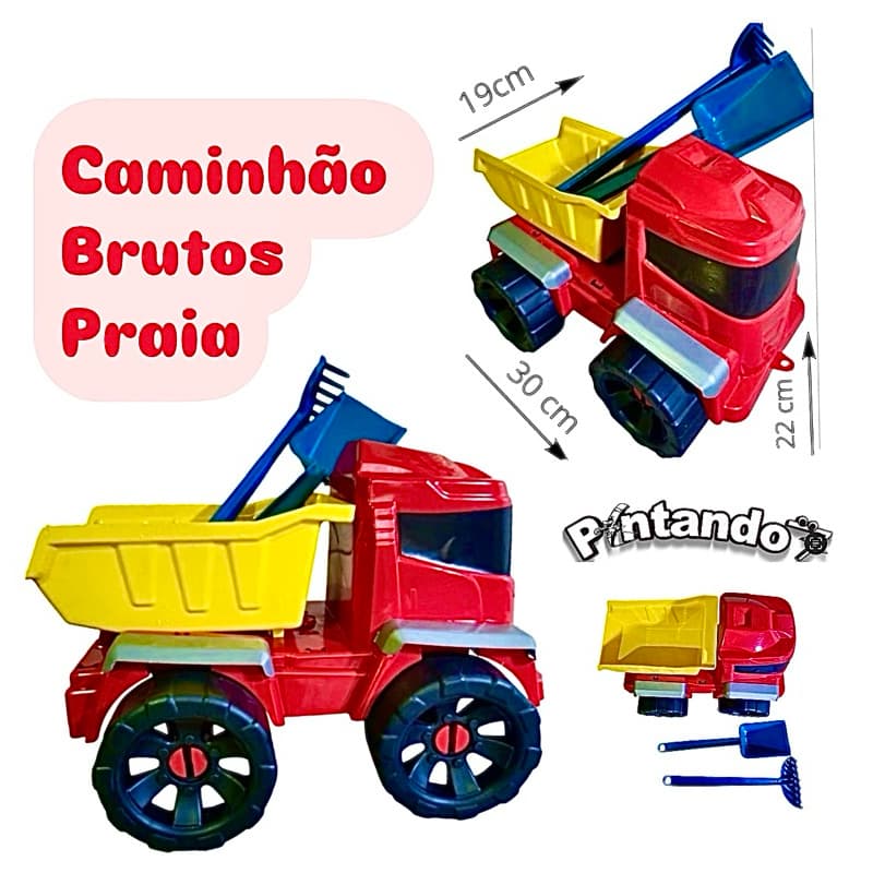 Caminhão Caçamba Grande 30x22Cm + Kit Praia Pa e Rastelo Brinquedo Infantil