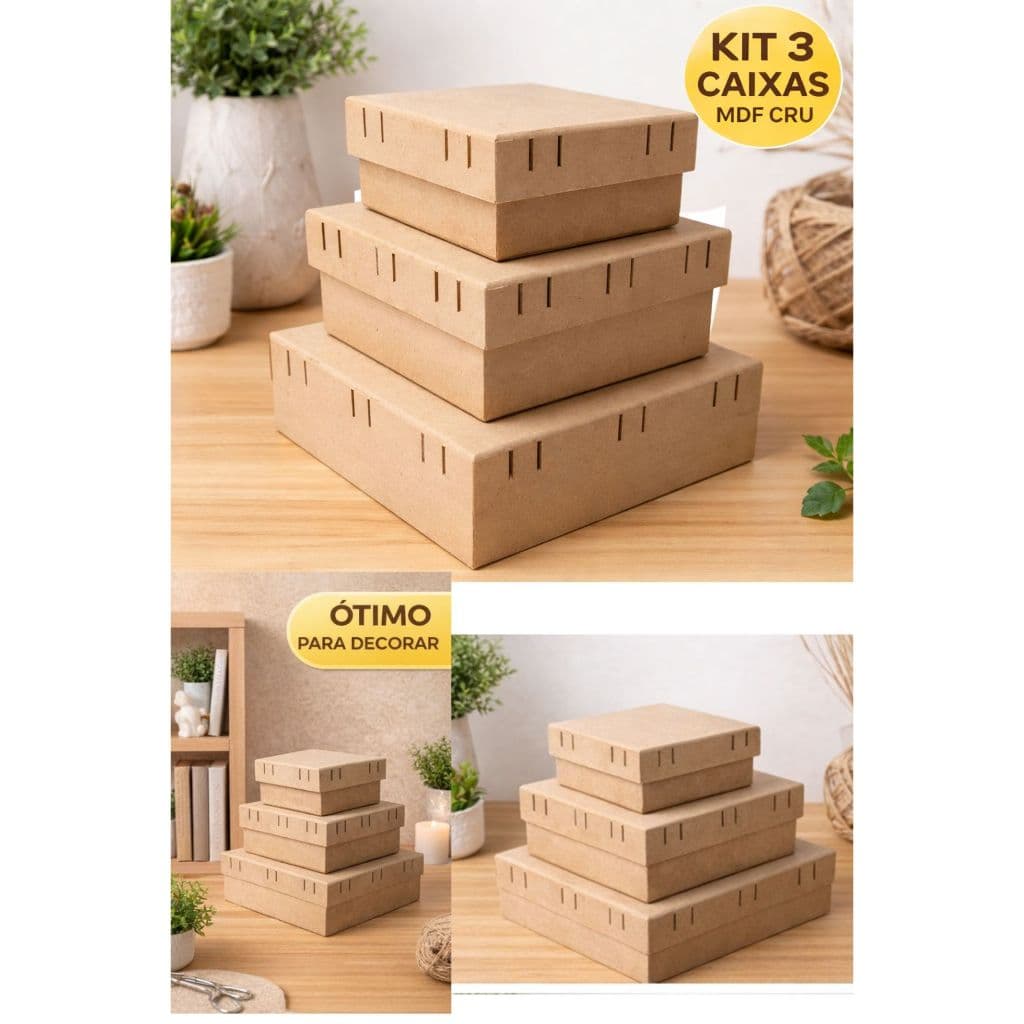 Kit Criativo: 3 Caixas com Passa Fita em MDF Cru para Pintura Artesanato Personalização