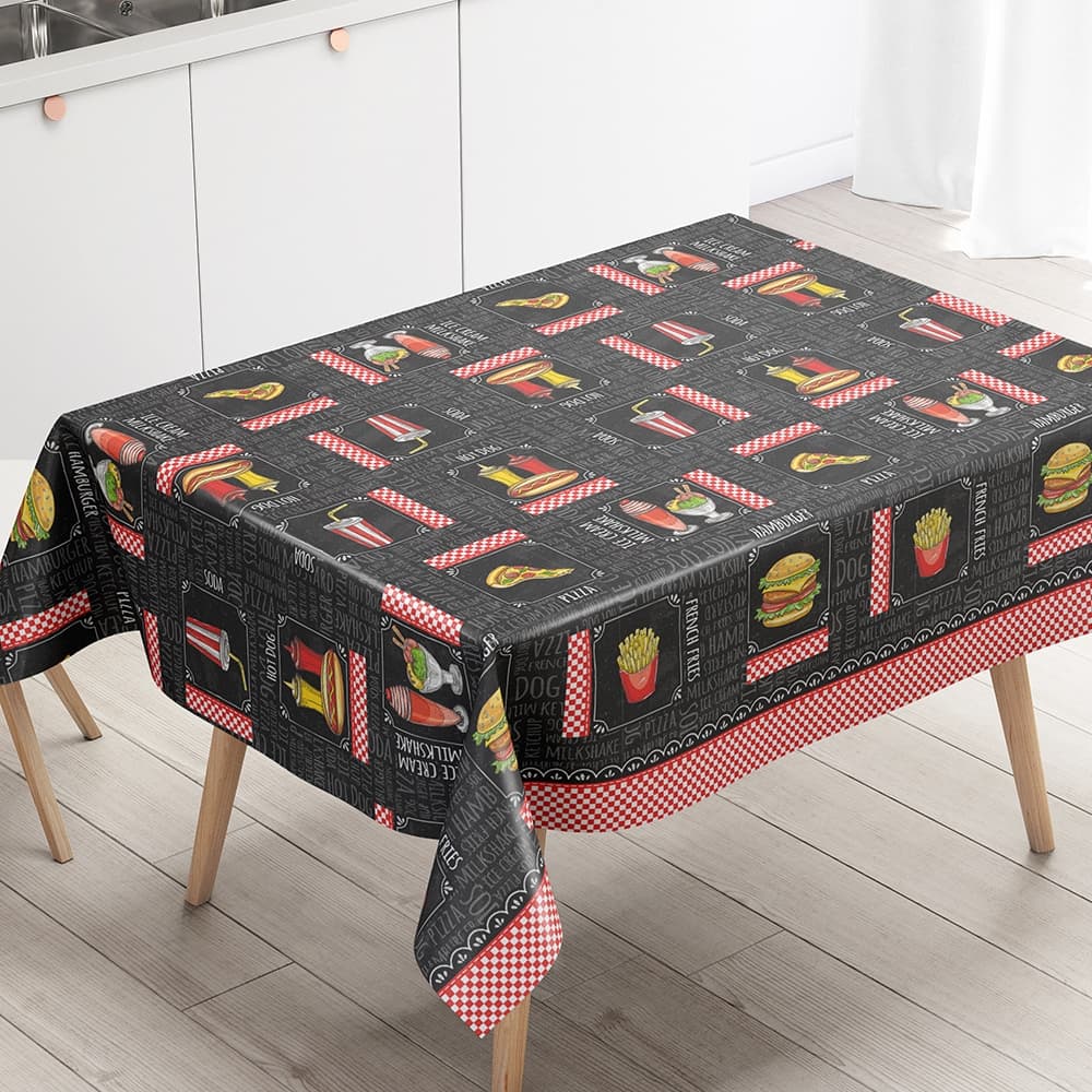 Toalha de Mesa Plástica Térmica PVC Flanelada Lanchonete Hamburquer Batata Frita Pastel
