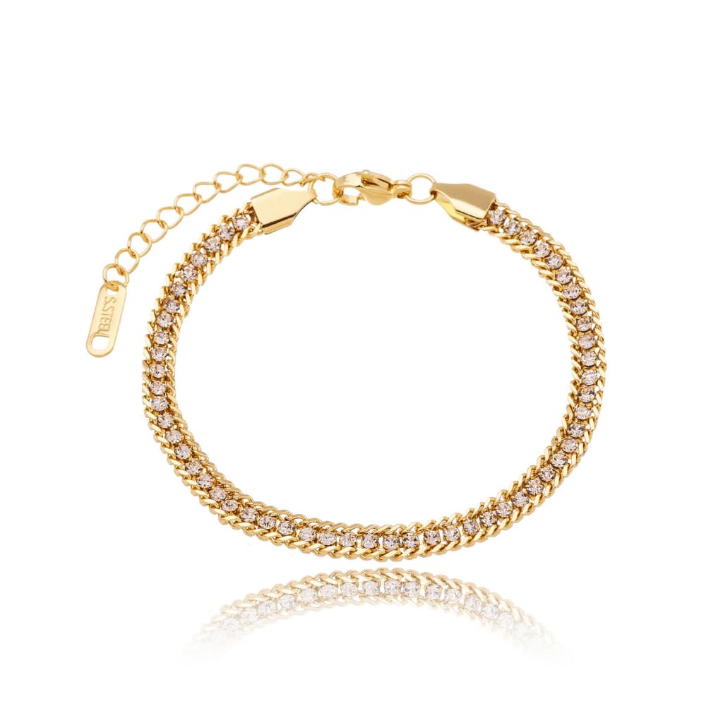 Pulseira Aço Inox Dourado Corrente com Zircônias