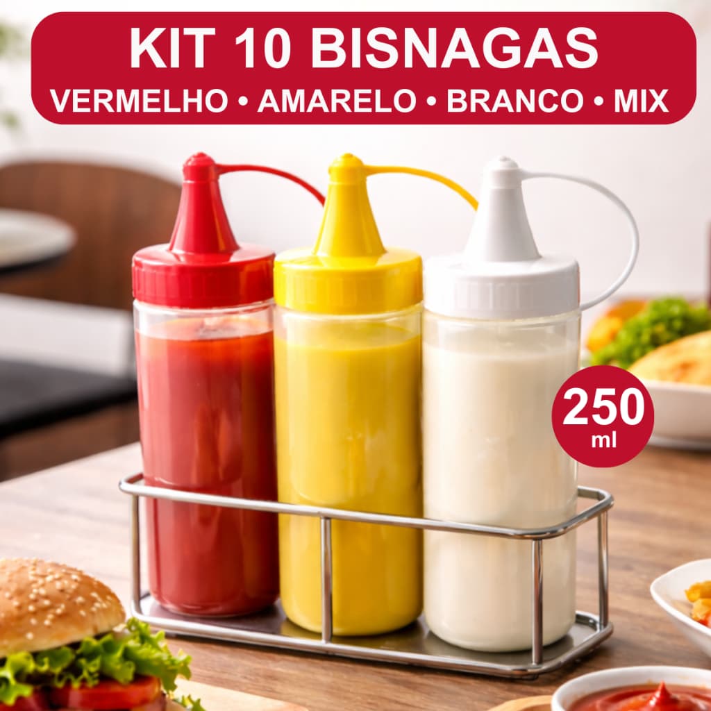 Kit 10 Bisnaga 250ml Maionese Ketchup Mostarda Molho Lanchonete, Bar, Food Truck