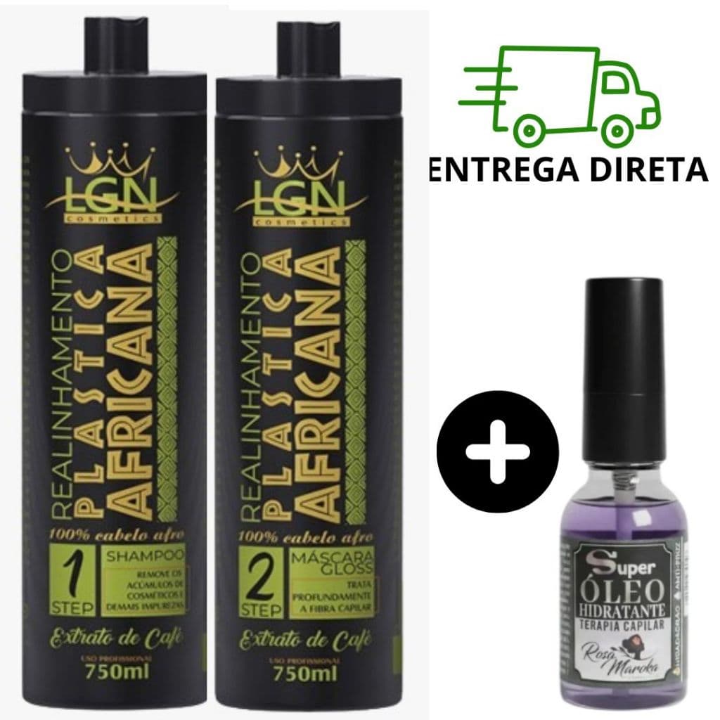 Plastica progressiva africana org extrato de café 750ml + shampoo anti residuo Lgn + Super óleo capilar 30ml  Rosamaroka
