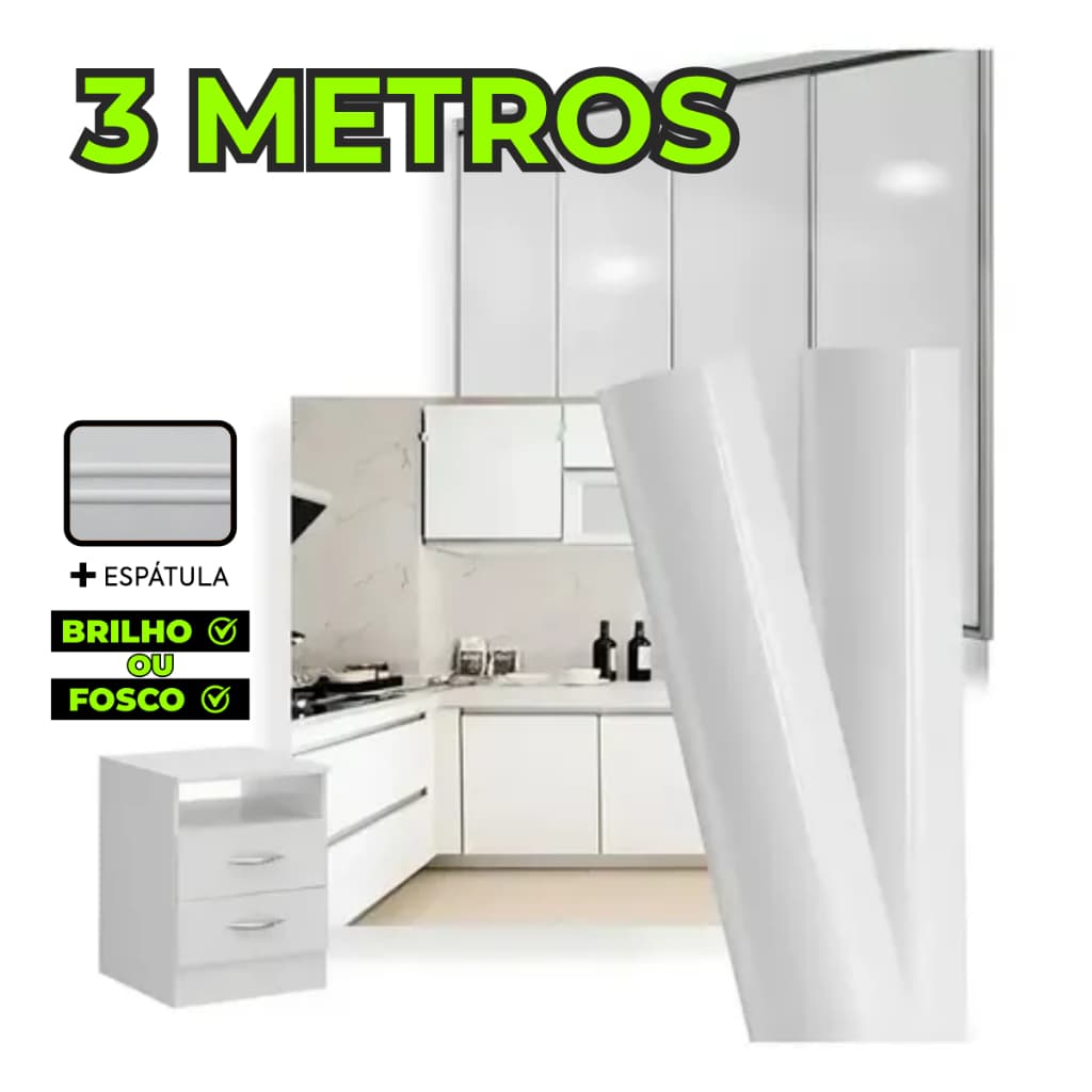 Adesivo Branco Brilho ou Fosco 3 M + Espátula Lavável Envelopamento Cozinha e Armários Impermeável