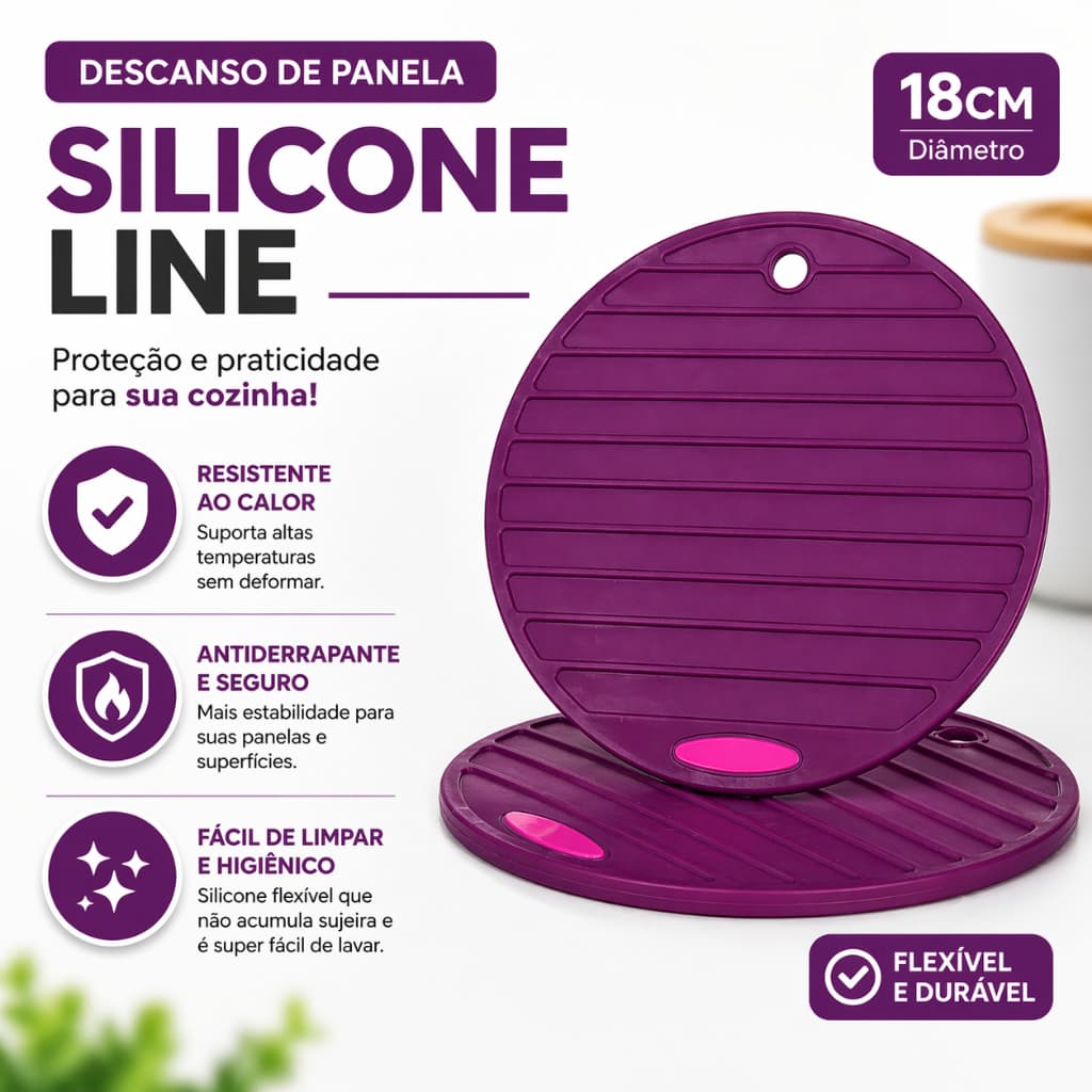 Descanso de Panela  Silicone Line Premium Resistente ao Calor Mesa Elegante e Protegida 18 Cm Sortido Redondo e Quadrado