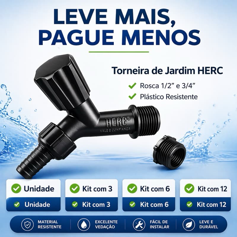 Torneira de Jardim Preta com Bico HERC 1/2” e 3/4” | Unidade ou Kit