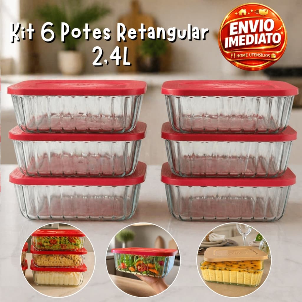 Kit 6 Potes De Vidro 2.4 Litros Retangular Com Tampa Plastica
