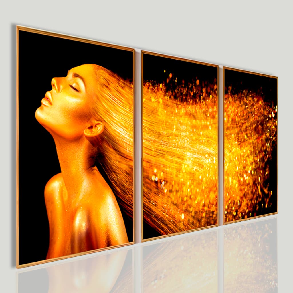 Kit 3 Quadros Decorativos Mulher Dourada Luxo Glitter Brilho Moderno Sala Quarto Elegante Premium