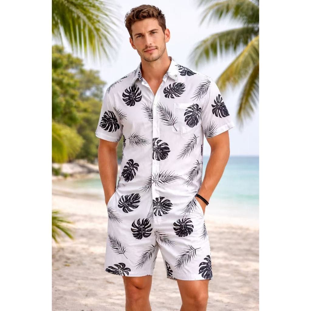 Conjunto de camisa e shorts com estampa floral havaiana (três bolsos) para adultos masculinos de viscose
