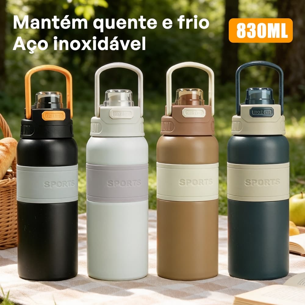 Garrafa Térmica 830ml Aço Inoxidável, Mantém Quente e Frio