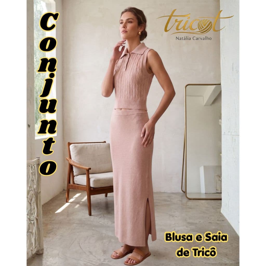 Conjunto Feminino Tricô Blusa Sem Alça Polo Trançado Saia Longa Cintura Alta Midi Fenda Tricot Modal