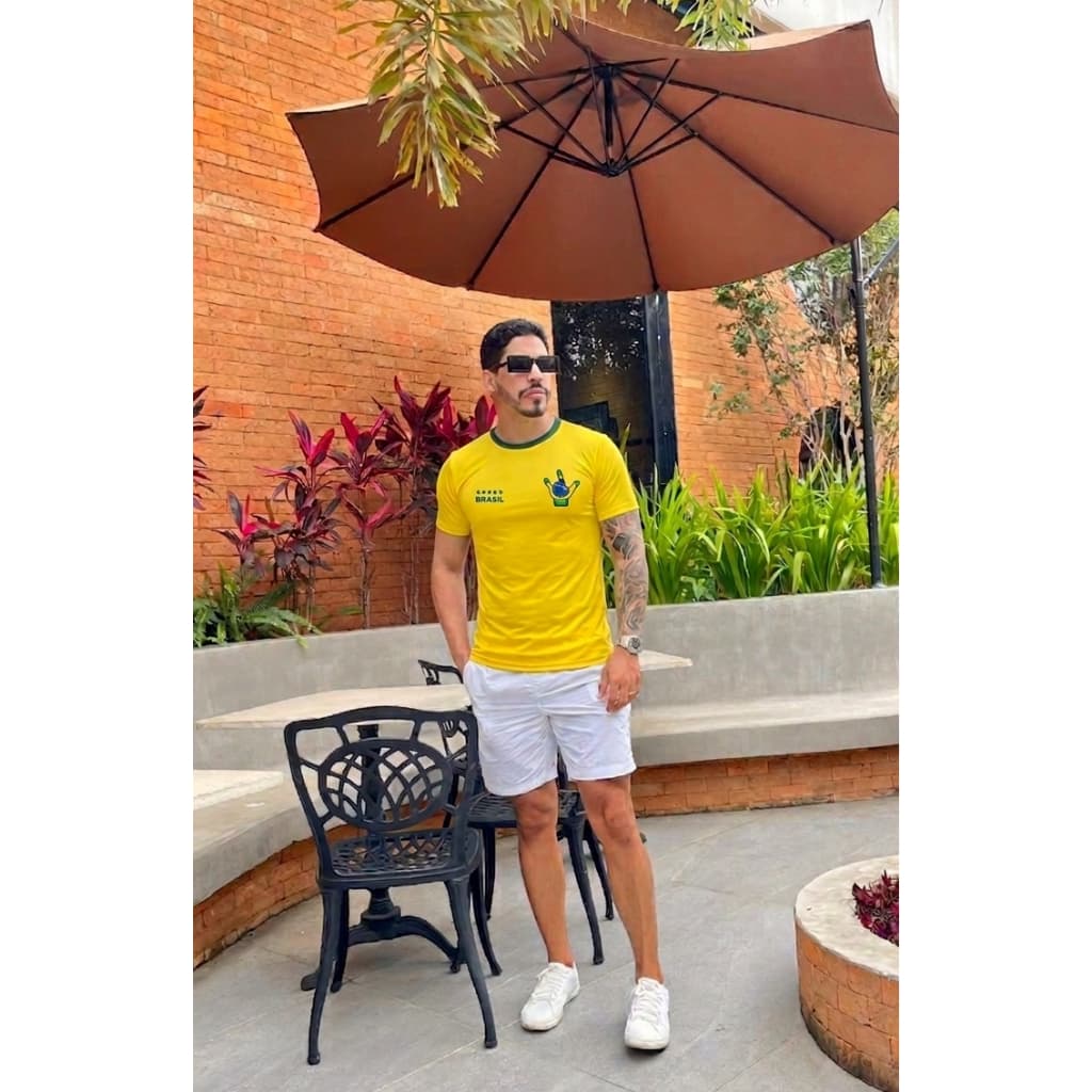 CAMISA BRASIL ESTAMPA PERSONALIZADA FIT TIME FUTEBOL TORCEDOR SELEÇÃO VERDE E AMARELA BÁSICA SIMPLES ACADEMIA