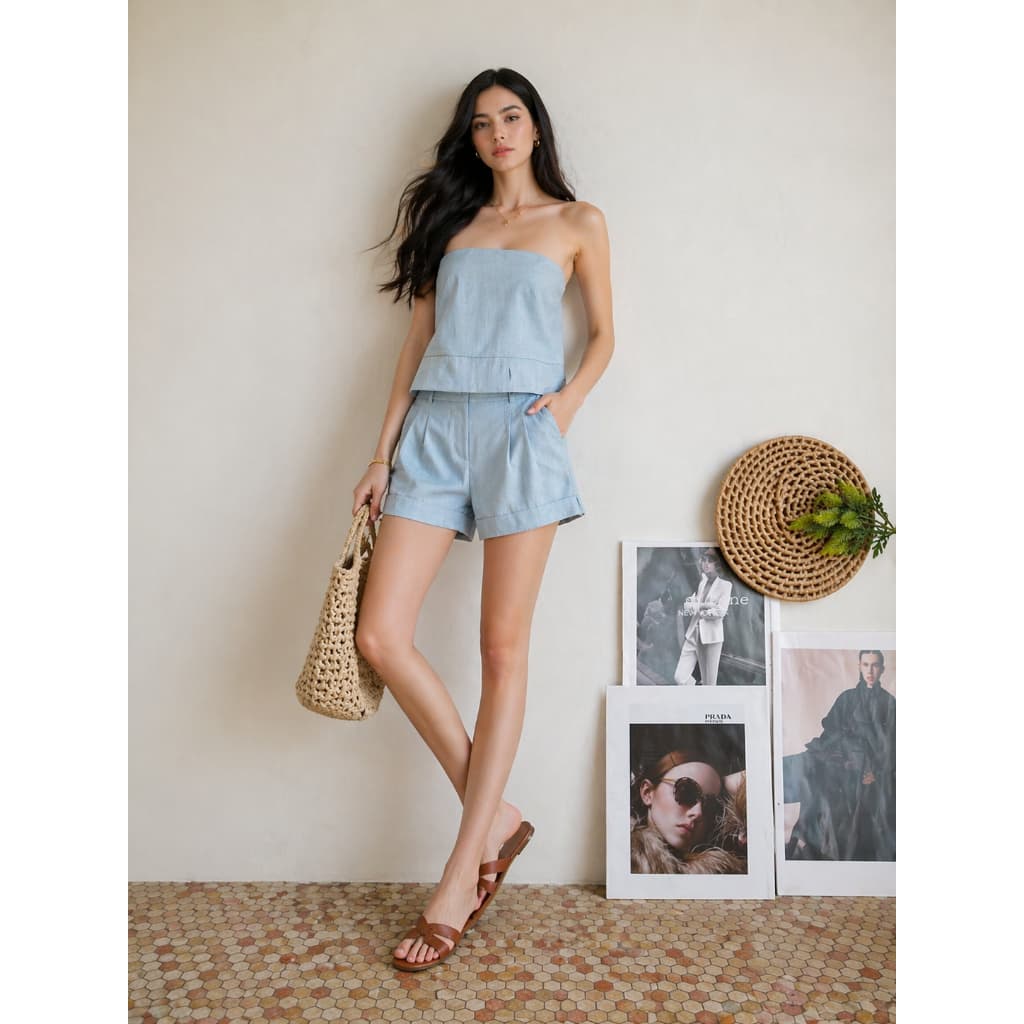 Conjunto Feminino Linho Tomara que Caia com Short Forrado Branco Primavera Verão Leve Confortável para Passeio Praia Via