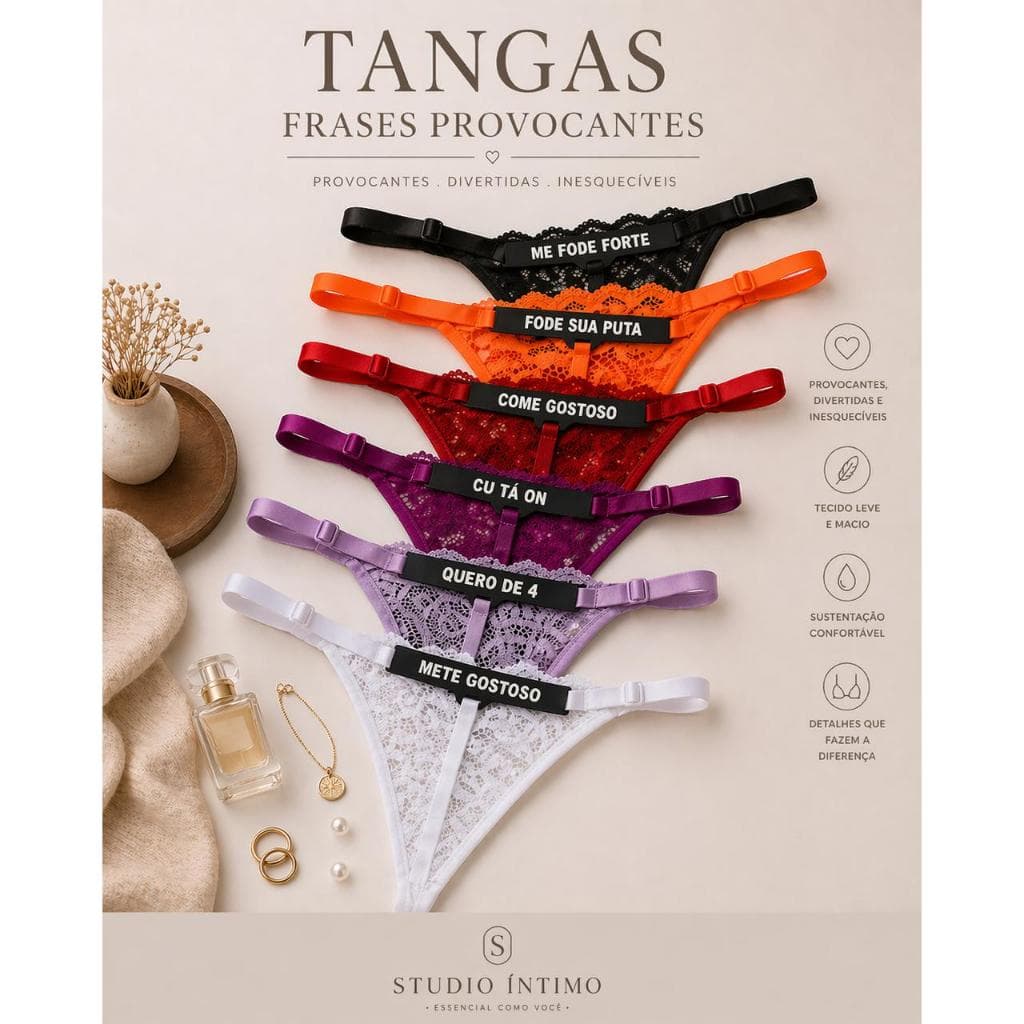 Kit 10 Tanga Fio Dental Renda com Frases Provocantes Brilha no Escuro Reguláveis Cores Variadas