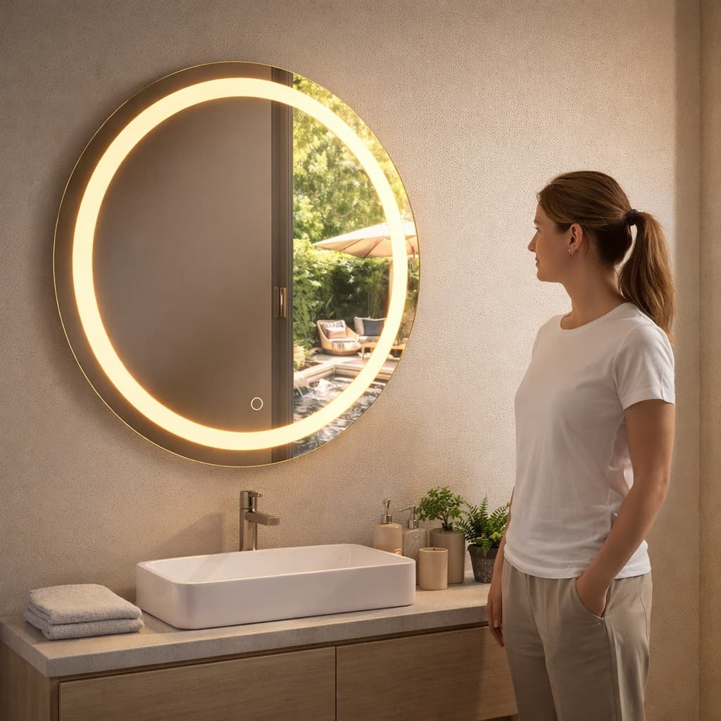 Espelho Redondo 90x90 Lapidado Jateado A laser Com Led Multicolor E Botão Touch Achadinho Decorações