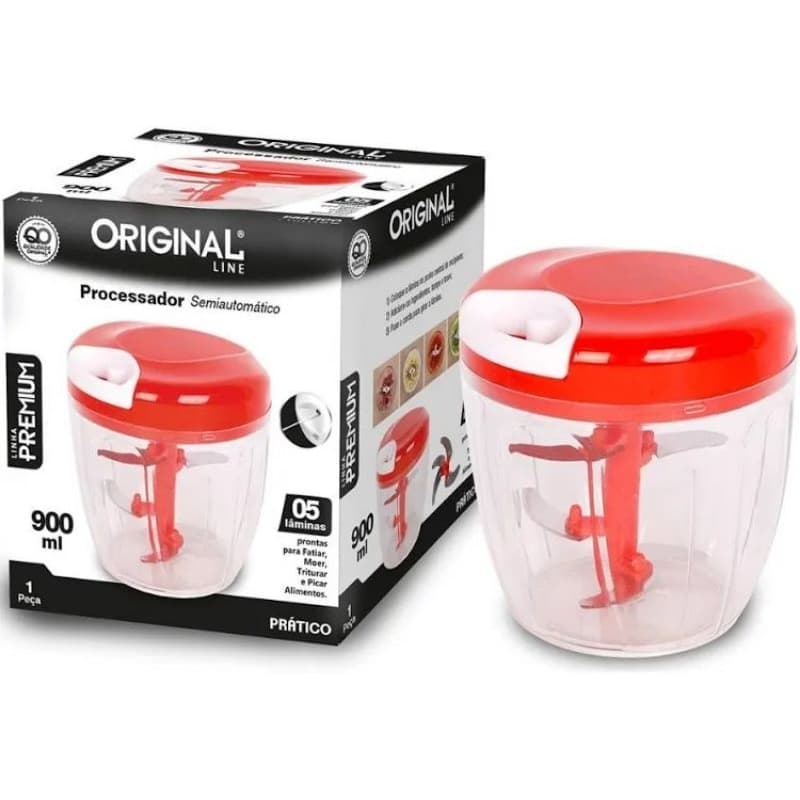 Processador de Alimentos Manual 900ml 5 Lâminas Inox Triturador Semiautomático Puxa Corda Cozinha Prático